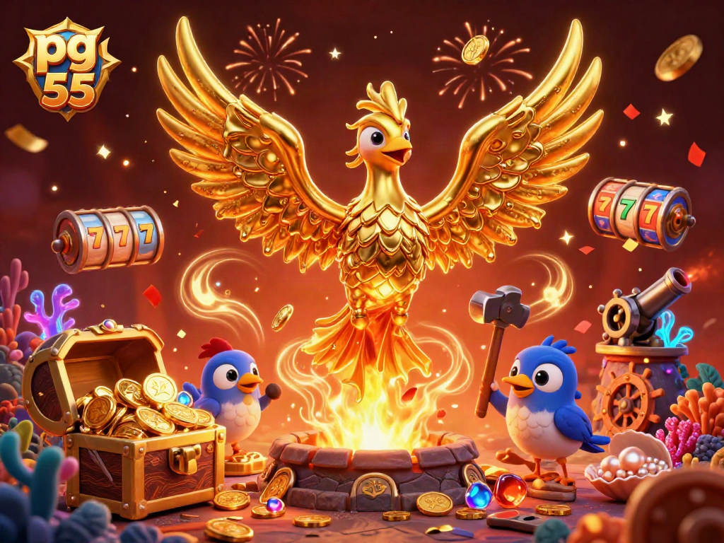 Experience the magic of pg 55 with a vibrant 3D illustration of a molten phoenix and cascading riches.