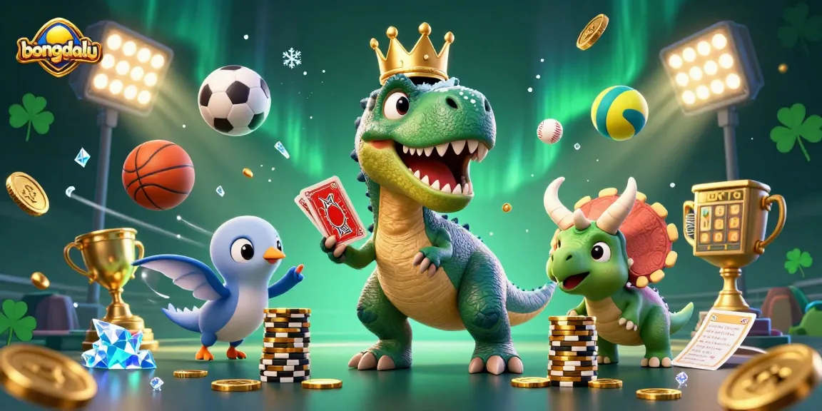 Bongdalu T-Rex shuffles cards while Pterodactyl assists, showcasing vibrant gambling action in a dynamic casino scene.
