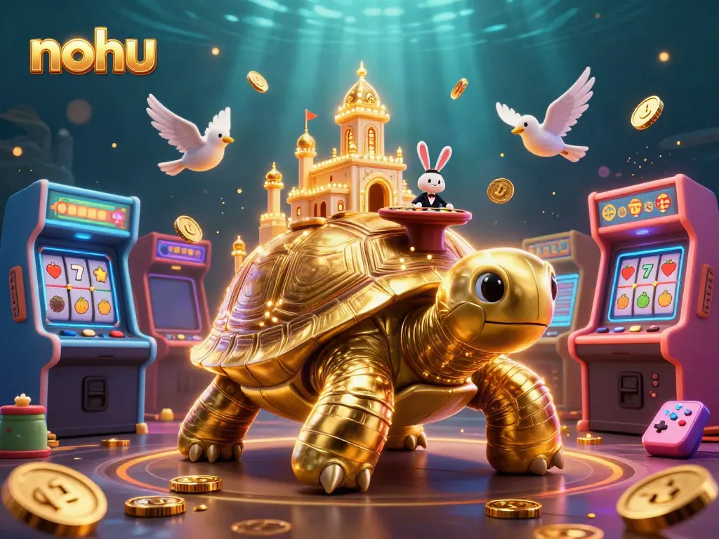 Spin and win with nohu featuring a golden tortoise casino and rabbit dealer amid vibrant game machines.