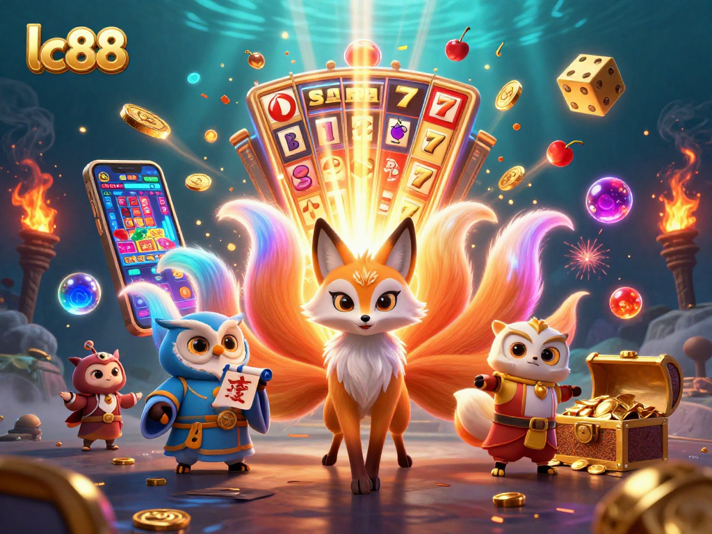 Experience exciting gameplay at lc88 with a vibrant scene featuring a nine-tailed fox and a jackpot!
