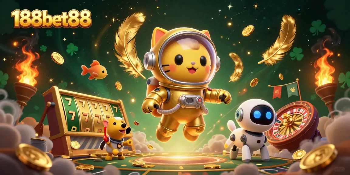 Experience thrilling casino action with 188bet88, featuring a floating astronaut cat and vibrant gaming elements in a dazzling nebula.