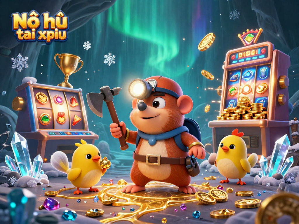 Nổ hũ tài xỉu showcases a dynamic 3D treasure hunter scene with vivid slot machine elements and gold coins.