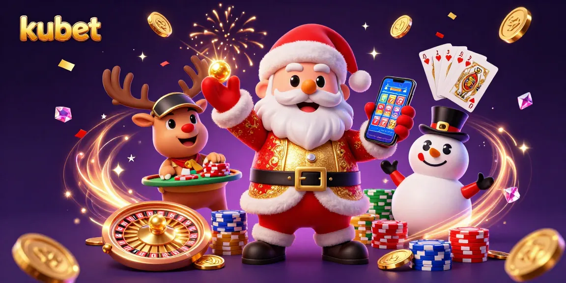 Kubet showcases a festive casino scene with Santa, reindeer, and snowman celebrating wins amidst colorful games and coins.