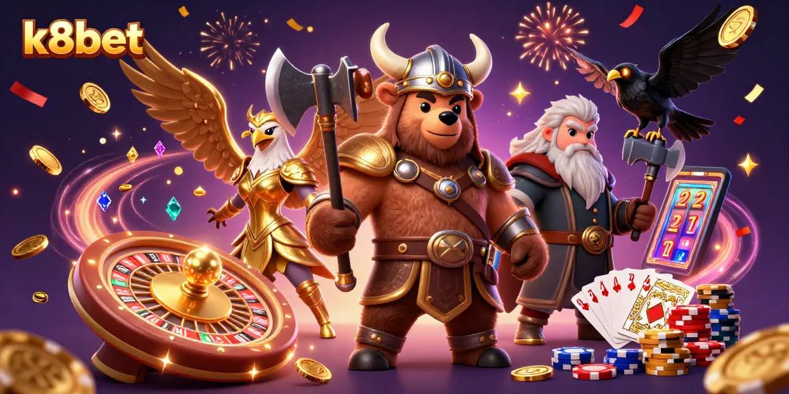 Experience thrilling gameplay at k8bet with a dynamic scene of a Viking, a Valkyrie, and casino elements.