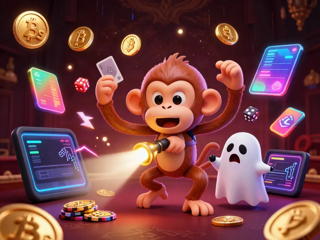 Engage in thrilling 8s casino play with a mischievous monkey juggling golden objects while a puppy tracks it.
