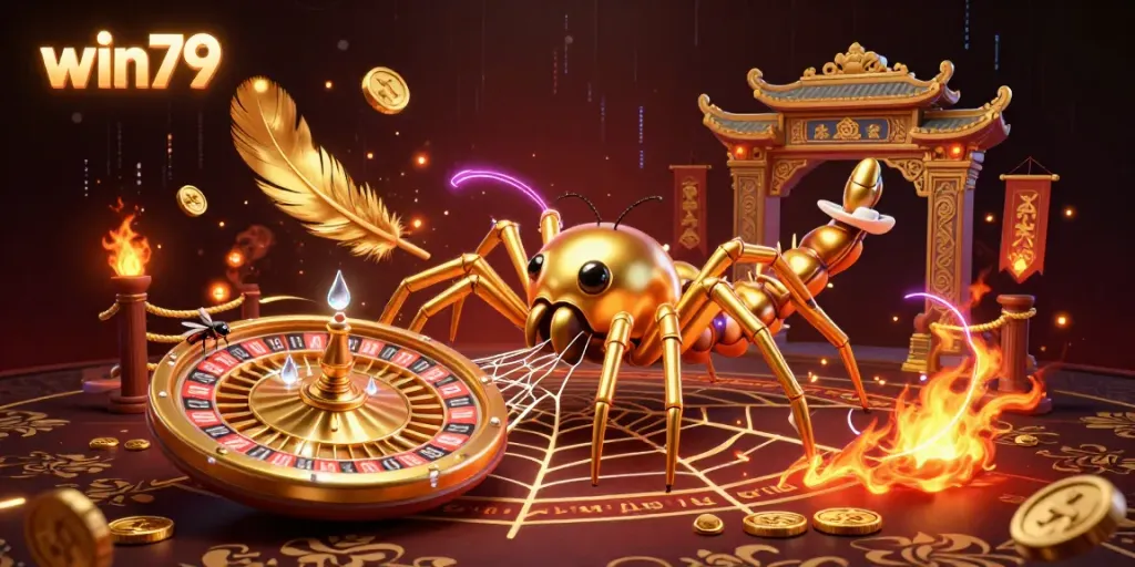 Join the excitement at win79 as a golden spider spins a roulette wheel in a vibrant online casino scene.