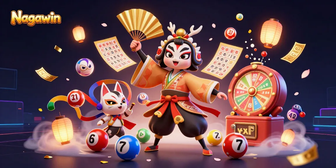 Join the winning action at Nagawin with vibrant lottery balls and prizes in an engaging casino scene.