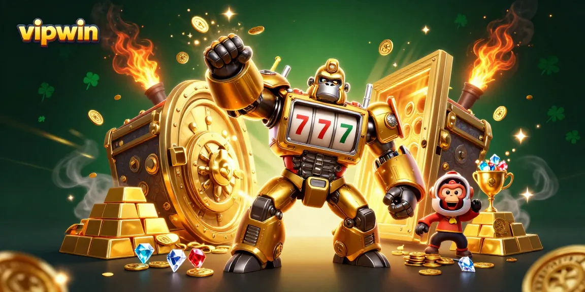Experience thrilling action with vipwin, featuring a golden gorilla mech and dynamic slot machine elements.
