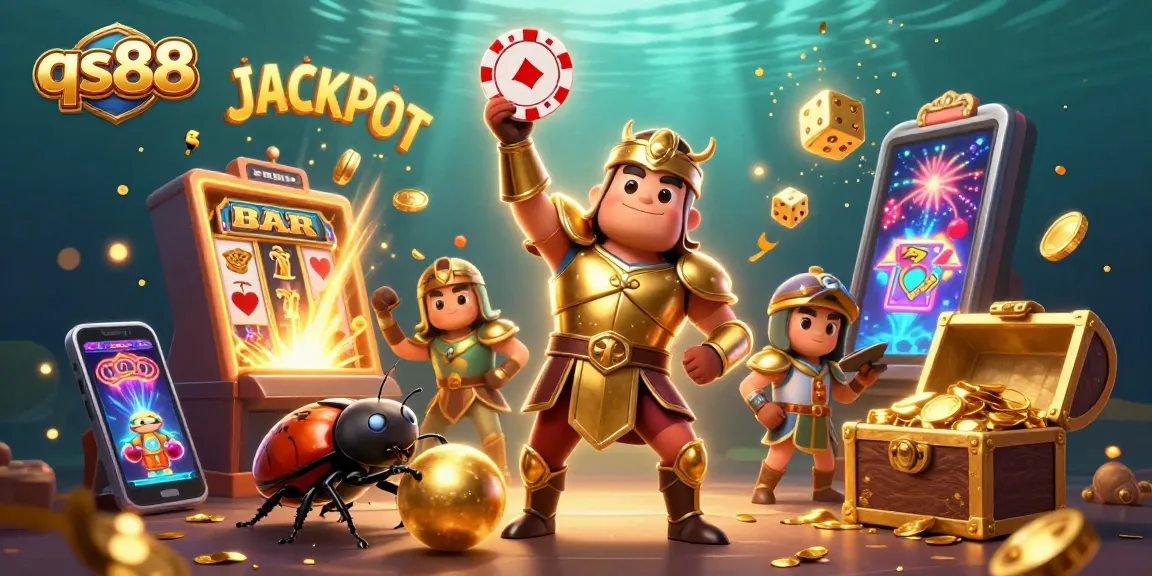 Join the excitement with qs88 as a heroic beetle celebrates a huge jackpot win amid vibrant casino elements.