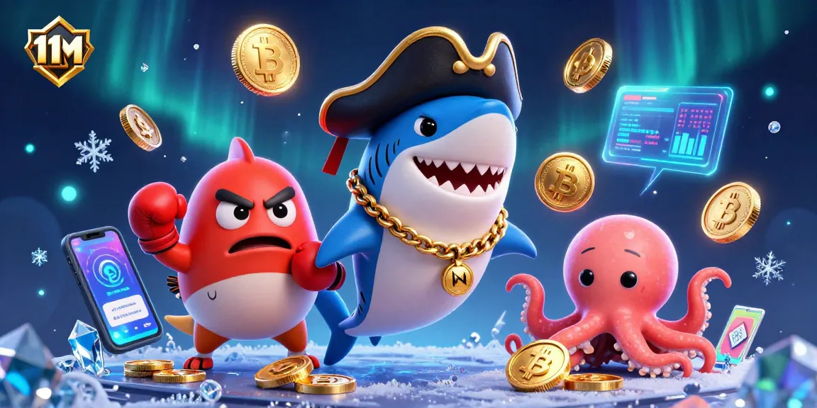 Engage with 11M's vibrant casino scene featuring a pirate shark and crypto-themed elements.