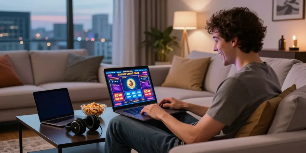 Engaged player enjoying credit card casinos uk with laptop in stylish living room.