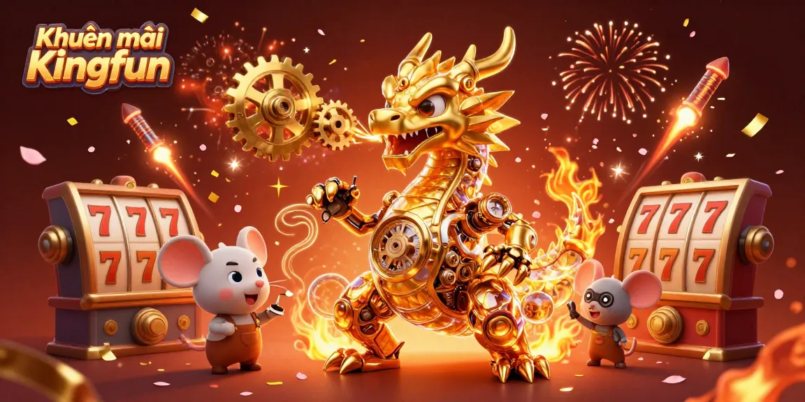 Engage with Khuyến mãi Kingfun featuring a golden dragon and dynamic slot reels in a vibrant casino scene.