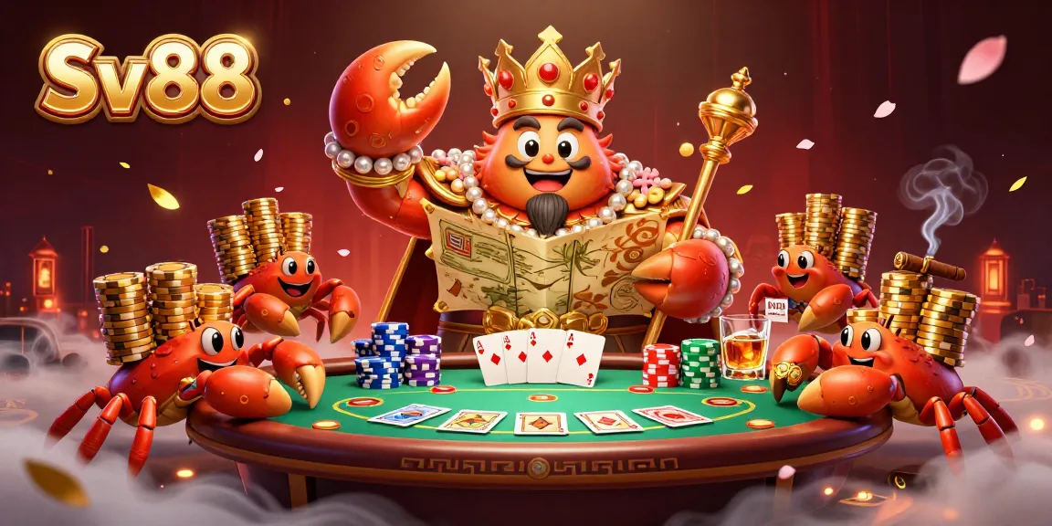 Engage with Sv88's vibrant casino scene featuring a golden crab emperor, poker elements, and rich details.