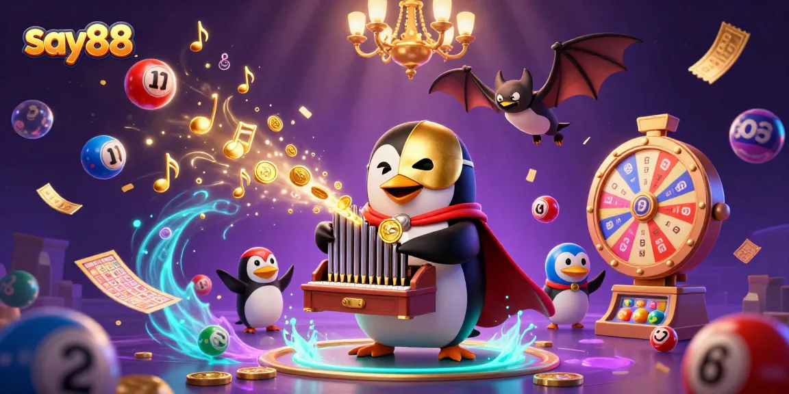 Experience the thrilling games at say88 with a vibrant 3D casino scene featuring a whimsical penguin.