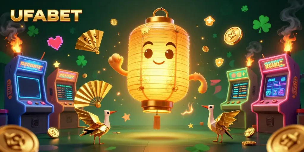 Experience the thrill of UFABET with a vibrant 3D illustration featuring a glowing lantern spirit above a dynamic casino.