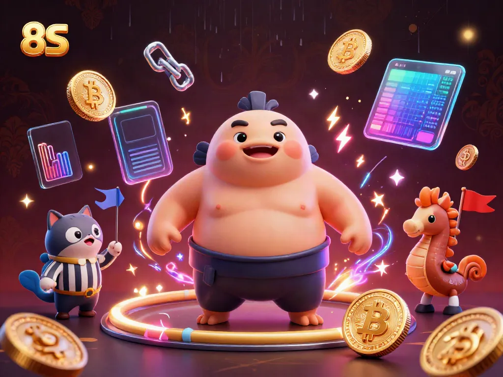 Experience thrilling underwater casino action with 8S in this vibrant 3D illustration featuring engaging characters and crypto elements.