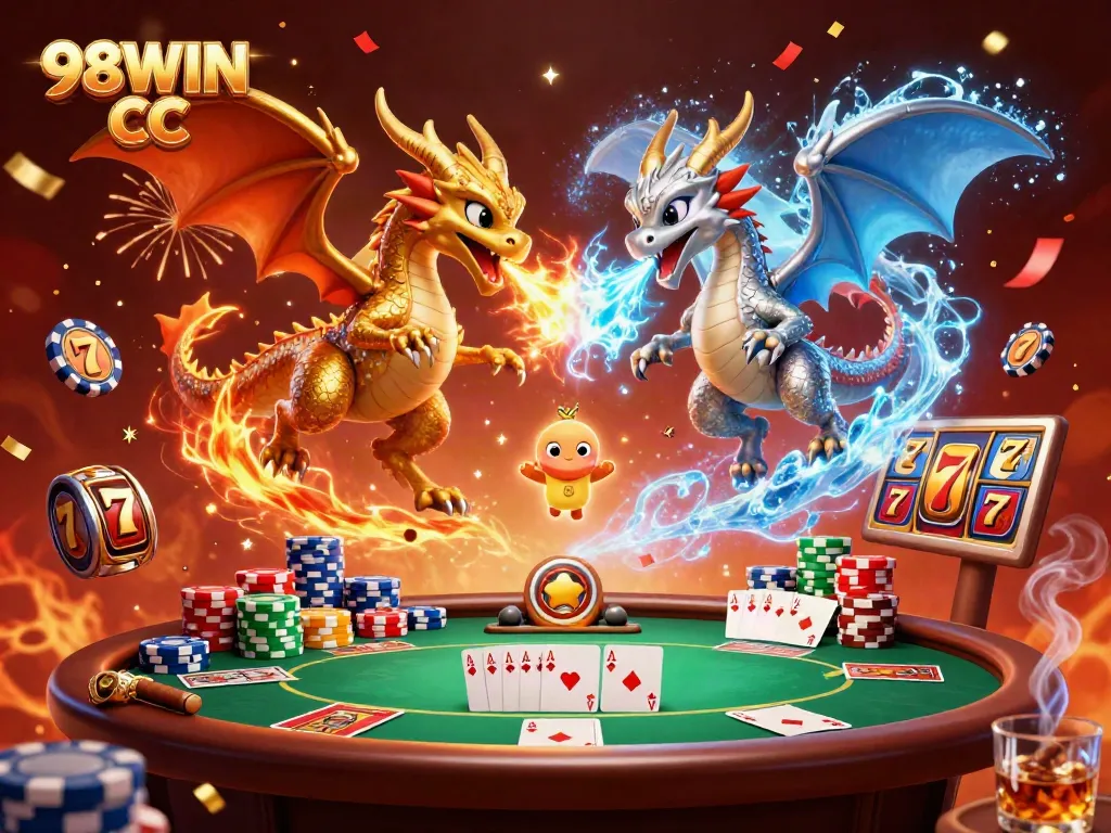Experience thrilling wins with 98WIN CC as dragons battle in a vibrant casino scene.