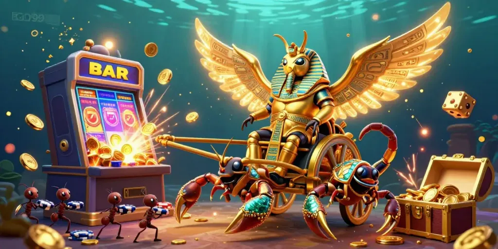 Experience the thrill of BGD99 with a vibrant 3D casino scene featuring a golden scarab, slot machines, and poker chips.