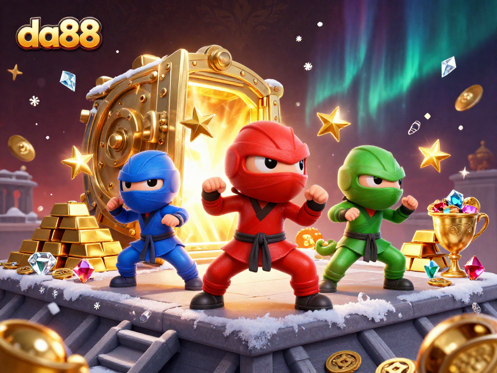 Experience thrilling action at da88 with vibrant 3D ninja chameleons in an exciting casino scene.
