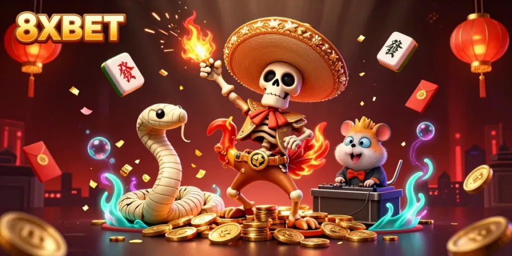 8XBET celebrates with a vibrant scene featuring a victory dance with golden coins and festive elements.
