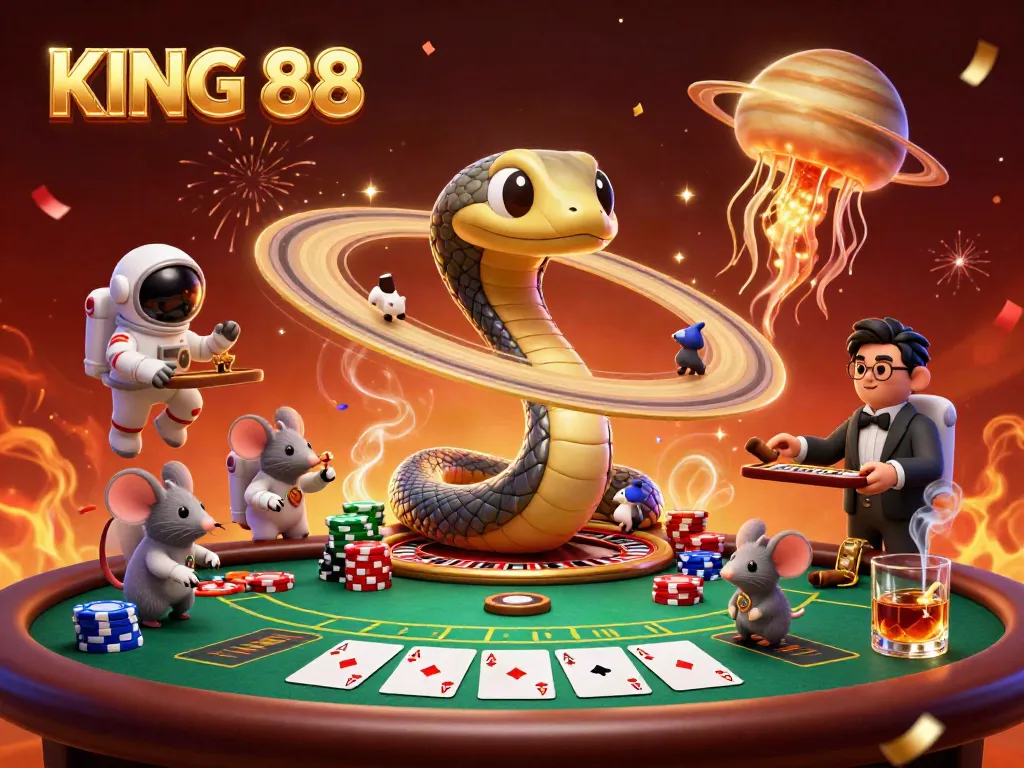 Experience thrills with KING 88 as a snake roulette wheel, astronaut mice, and cosmic dealer.