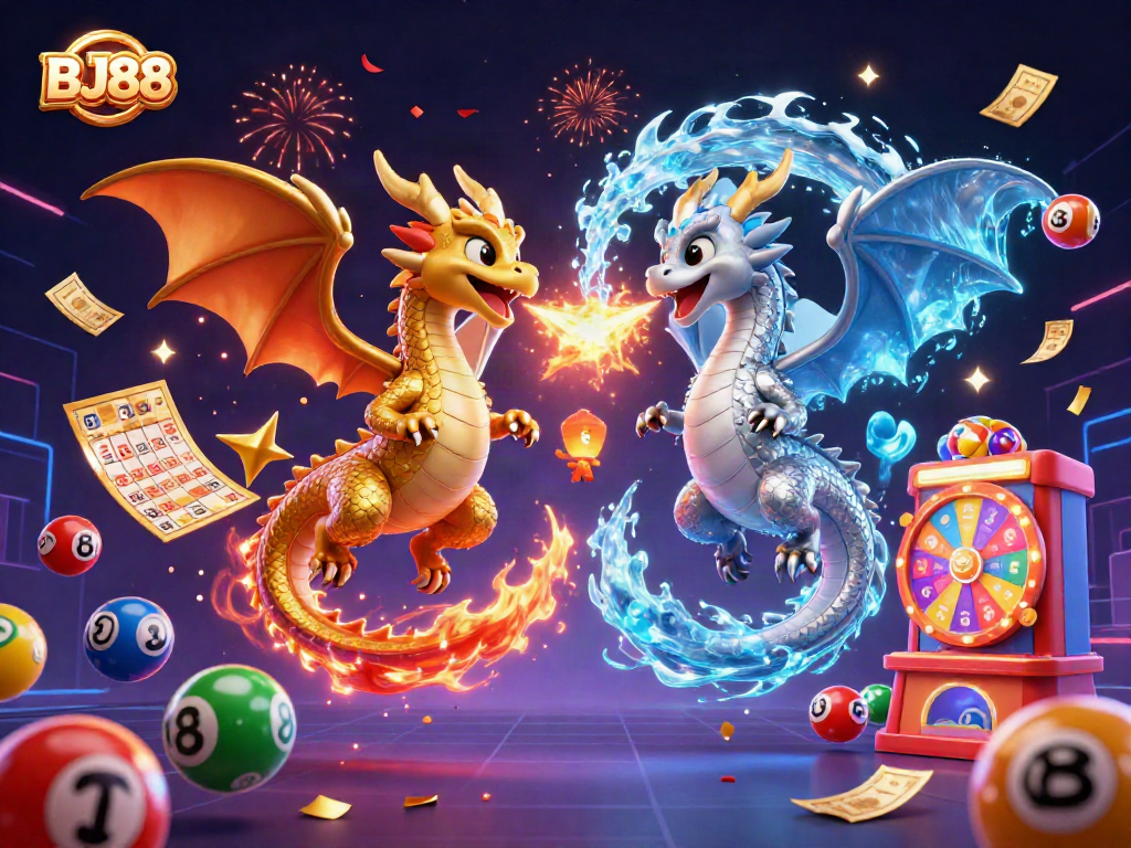 Engage in thrilling gaming at BJ88 with twin dragons and vibrant lottery elements creating an immersive experience.