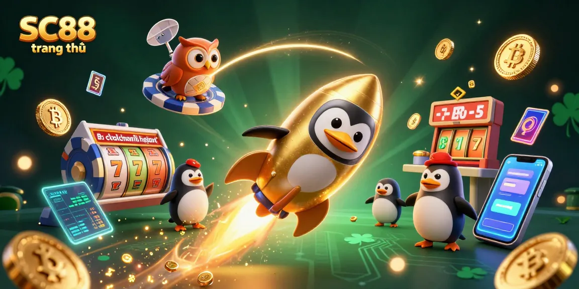 Experience SC88 trang chủ with a vibrant golden penguin soaring through a dynamic casino adventure.
