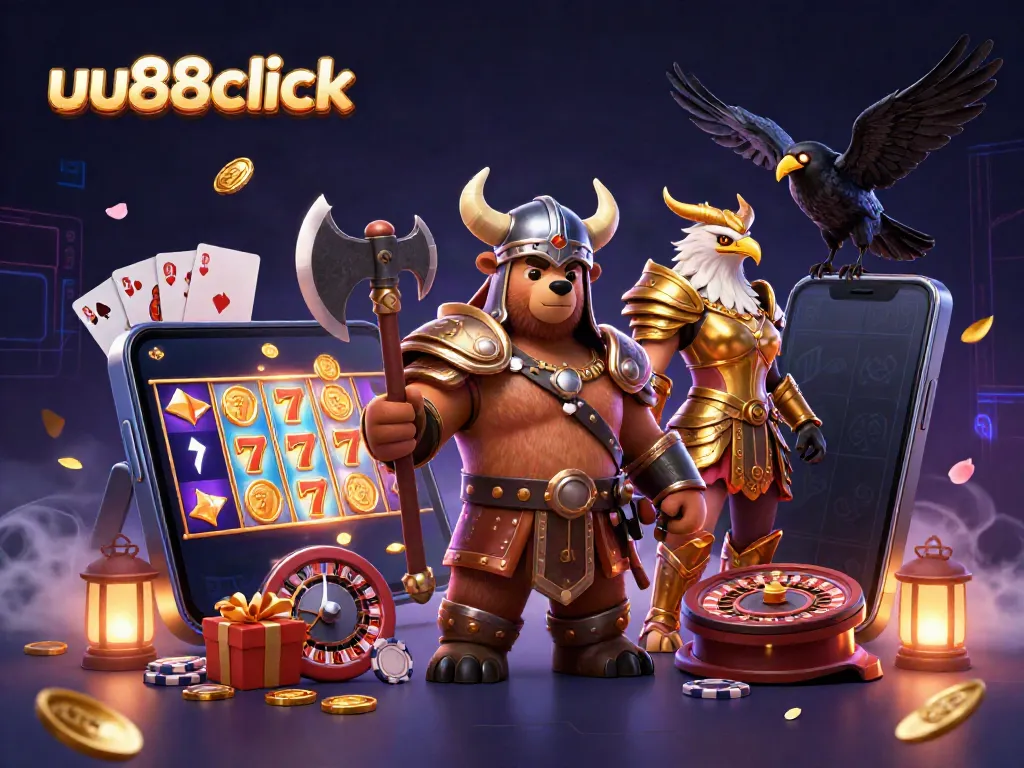 Experience dynamic gameplay with uu88click featuring a Viking bear and Valkyrie eagle amidst colorful casino elements.
