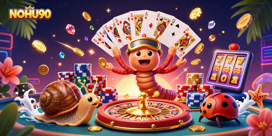 Engage in winning strategies at NOHU90 with a lively casino scene featuring vibrant characters and thrilling game elements.