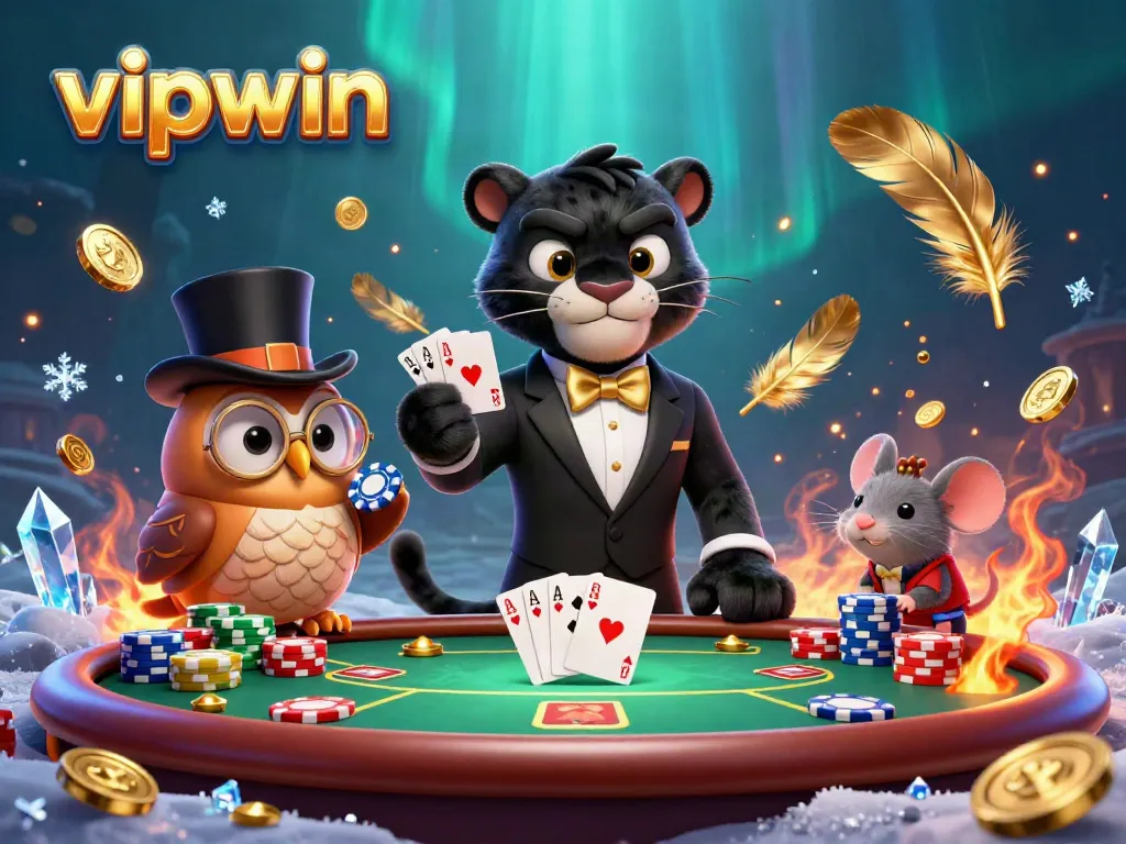 vipwin panther dealing cards with owl and mouse in vibrant dynamic casino illustration