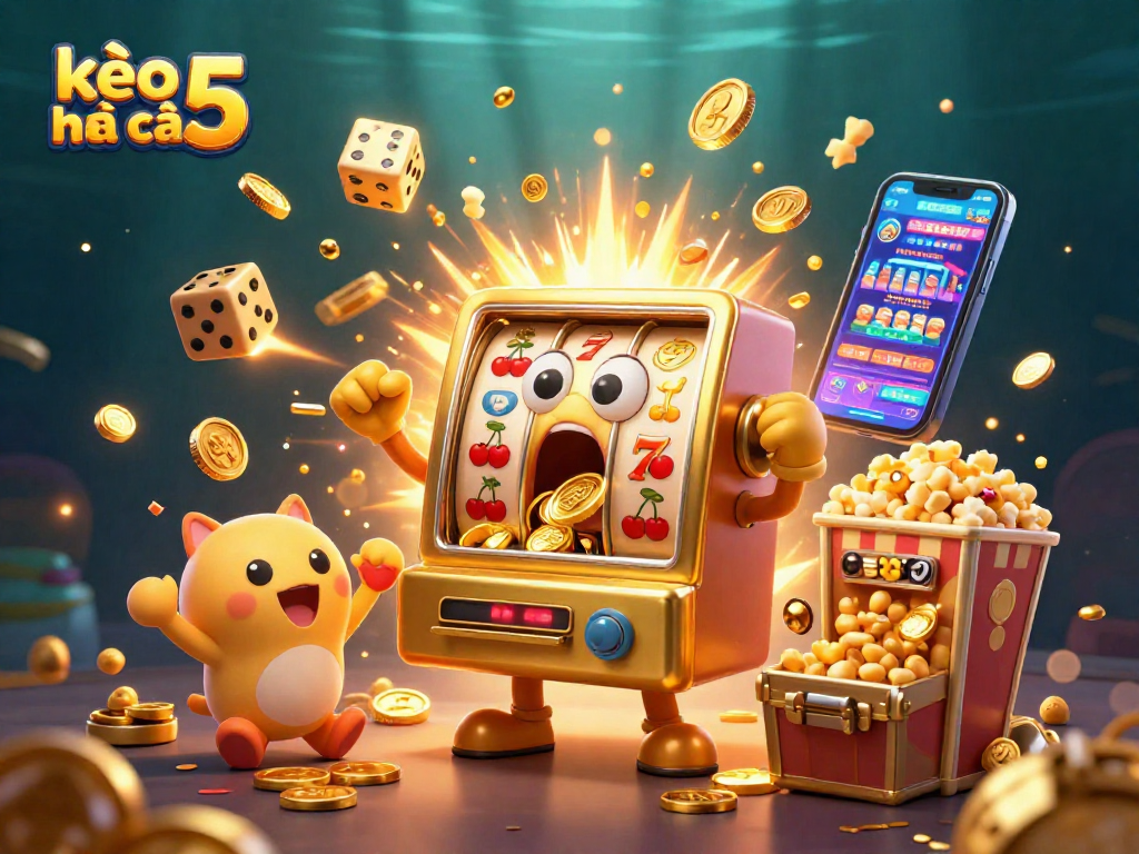 Engaging illustration of kèo nhà cái 5 showcasing animated slot machines and jackpot wins in a lively casino scene