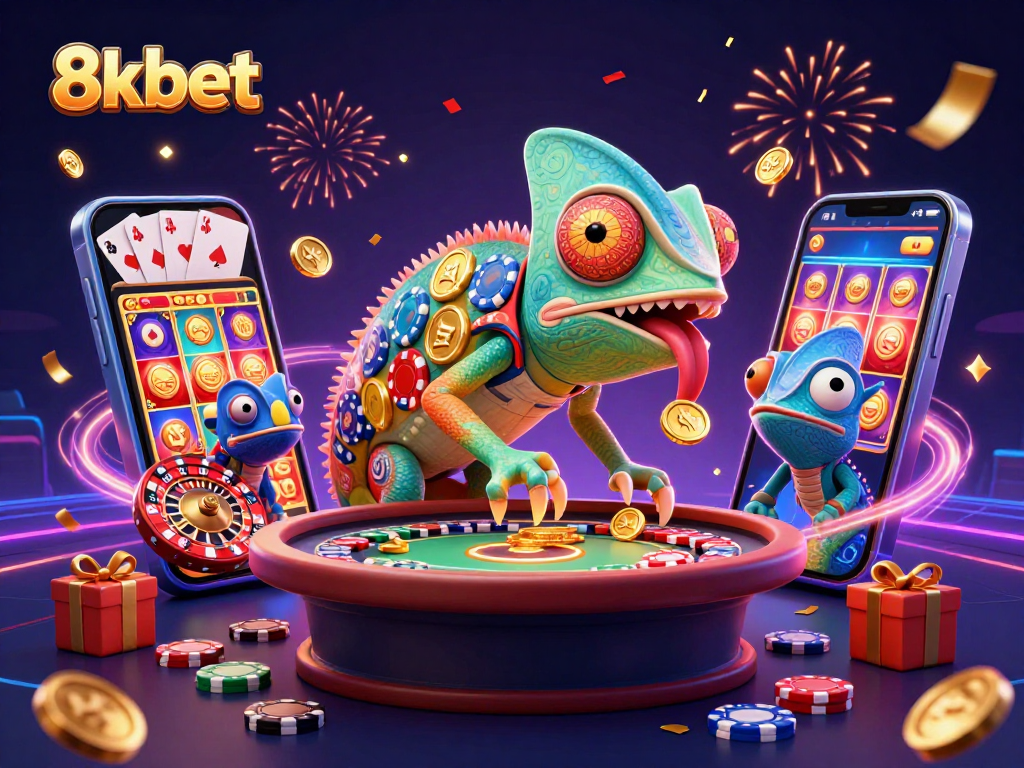 Engage with the thrilling gaming universe of 8xbet in this vibrant, lively illustration.