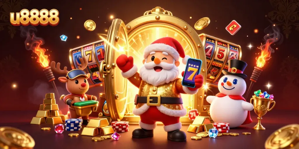 Experience exciting wins with u8888 in this vibrant casino-themed illustration featuring festive characters.