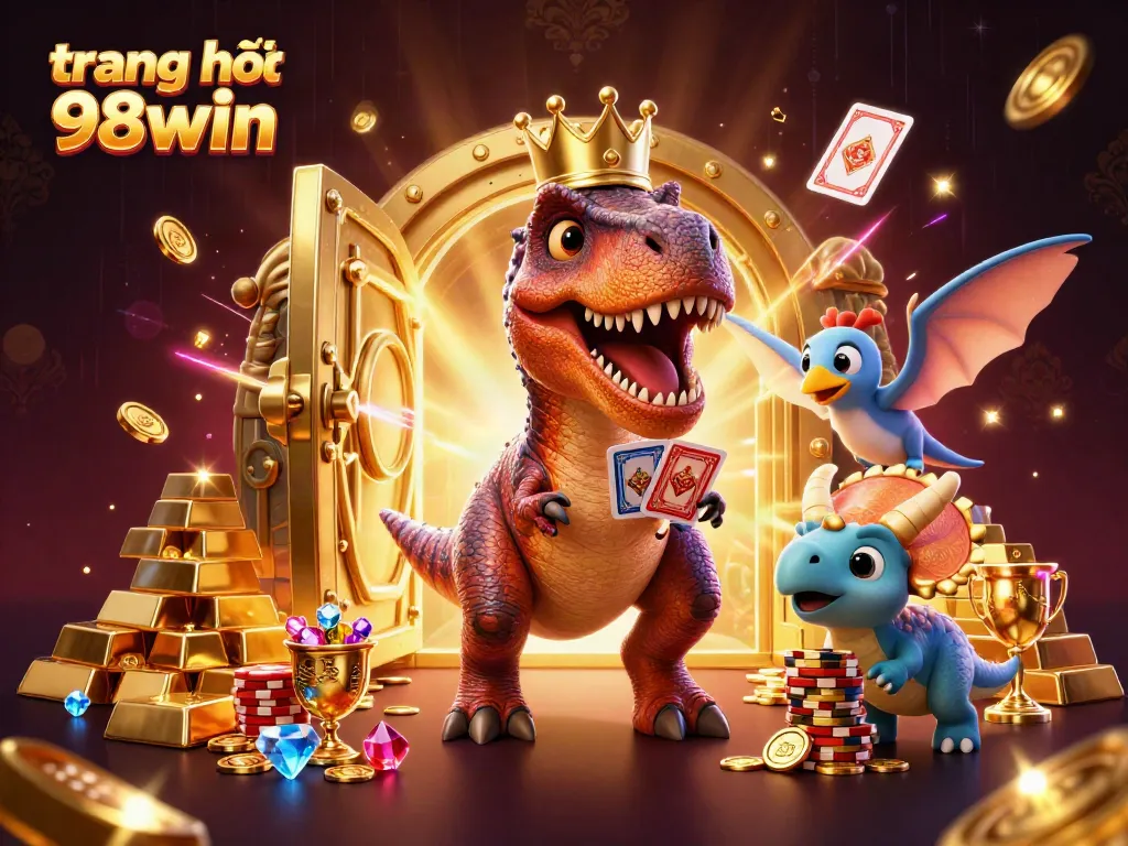 Experience excitement at trang chủ 98win with a vibrant 3D illustration featuring dynamic casino elements and friendly dinosaur characters.