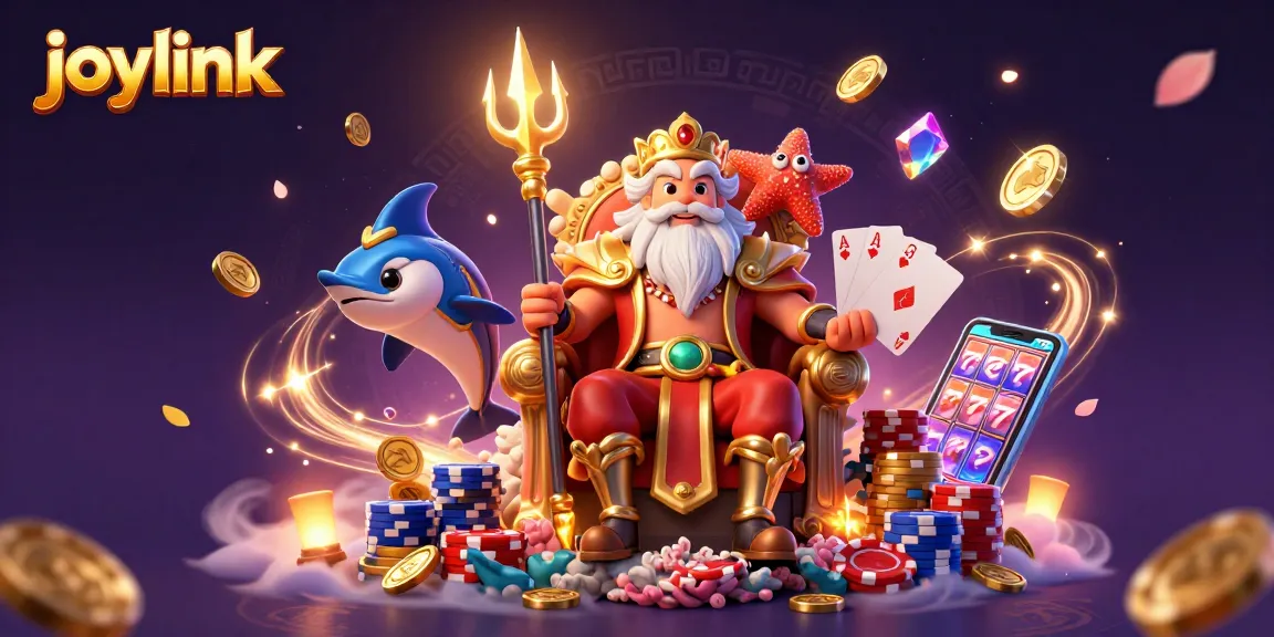 Capture the joylink experience with Neptune and casino symbols amidst vibrant gaming elements.