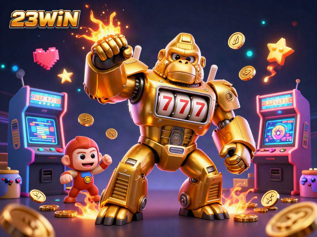 Experience the thrill of 23WIN with a dynamic illustration of a golden gorilla mech and vibrant casino elements.