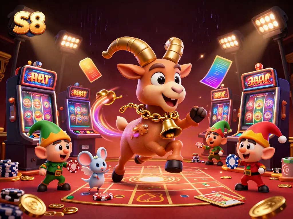 S8 presents an energetic casino scene with a Krampus goat, angel mouse, and elf gremlins, surrounded by slot machines and gold coins.
