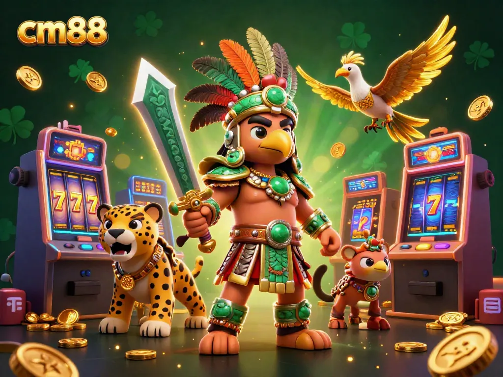 Experience thrilling gameplay with cm88's dynamic 3D casino scene featuring colorful slot machines and Aztec warriors.