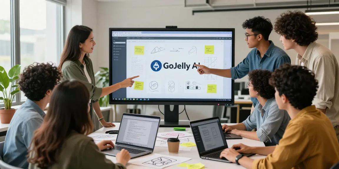 Diverse creative team using mixboard ai on a digital canvas during a brainstorming session in a modern office.