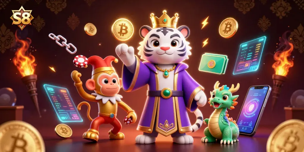 Engage with S8's vibrant casino experience featuring a royal tiger, playful monkey, and dynamic elements.