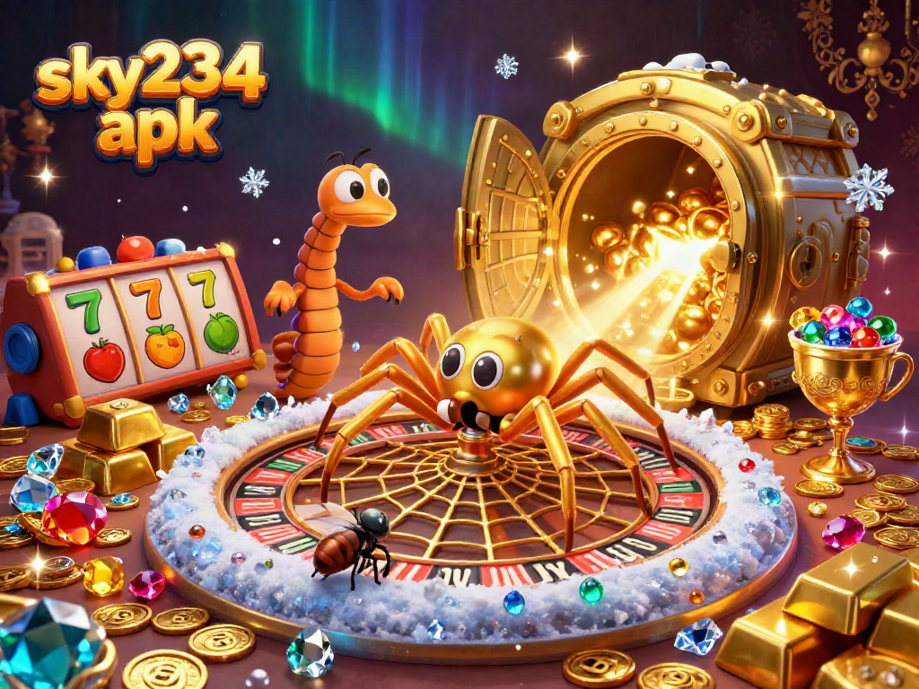 Bet on the sky234 apk as the golden spider spins a roulette wheel web, surrounded by riches and treasures.