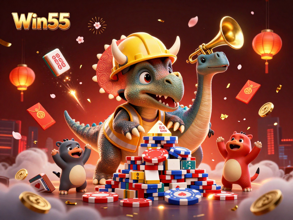 Win55 brings excitement with a triceratops building poker chips while celebrating with friends.
