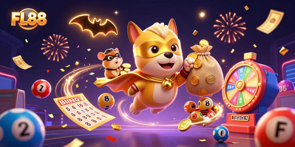 FL88 provides engaging gaming action with a superhero dog and vibrant casino elements.