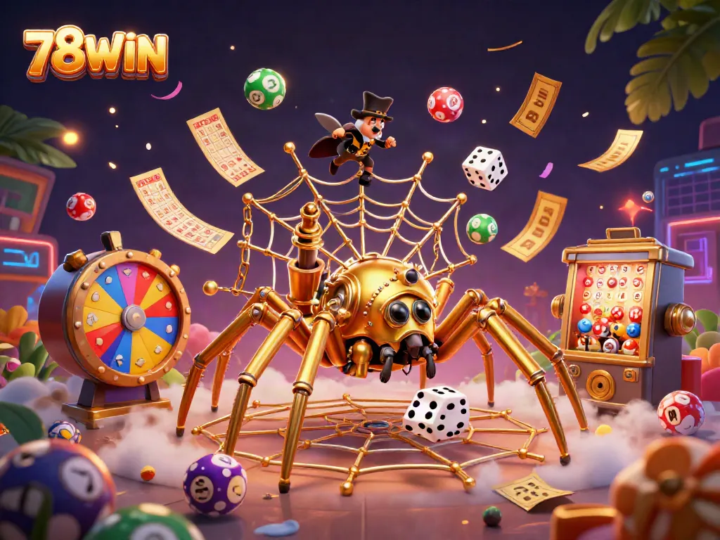 Engage with thrilling gameplay at 78WIN, featuring a steampunk spider among vibrant lottery balls and golden prizes.
