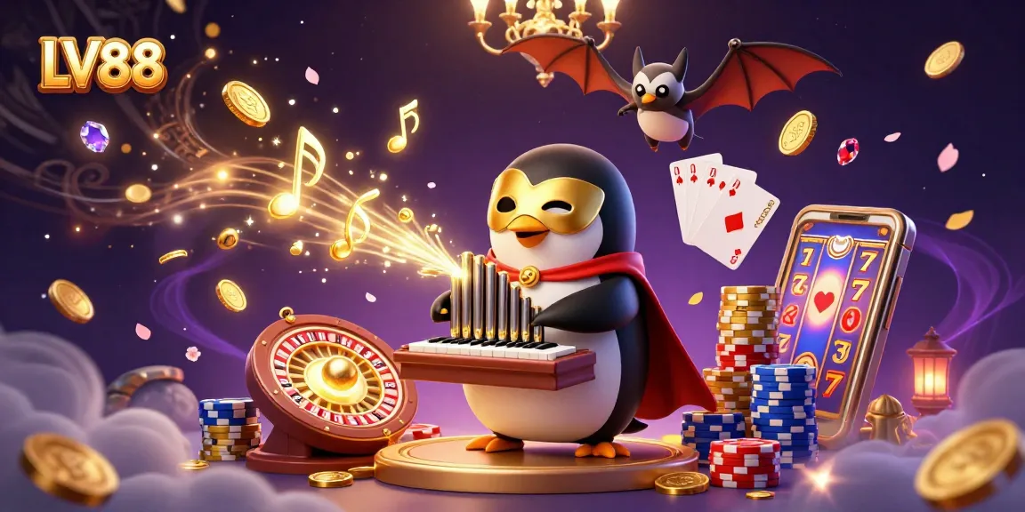 Experience thrilling action at LV88 with a penguin playing an organ, shooting coins, and vibrant casino elements!