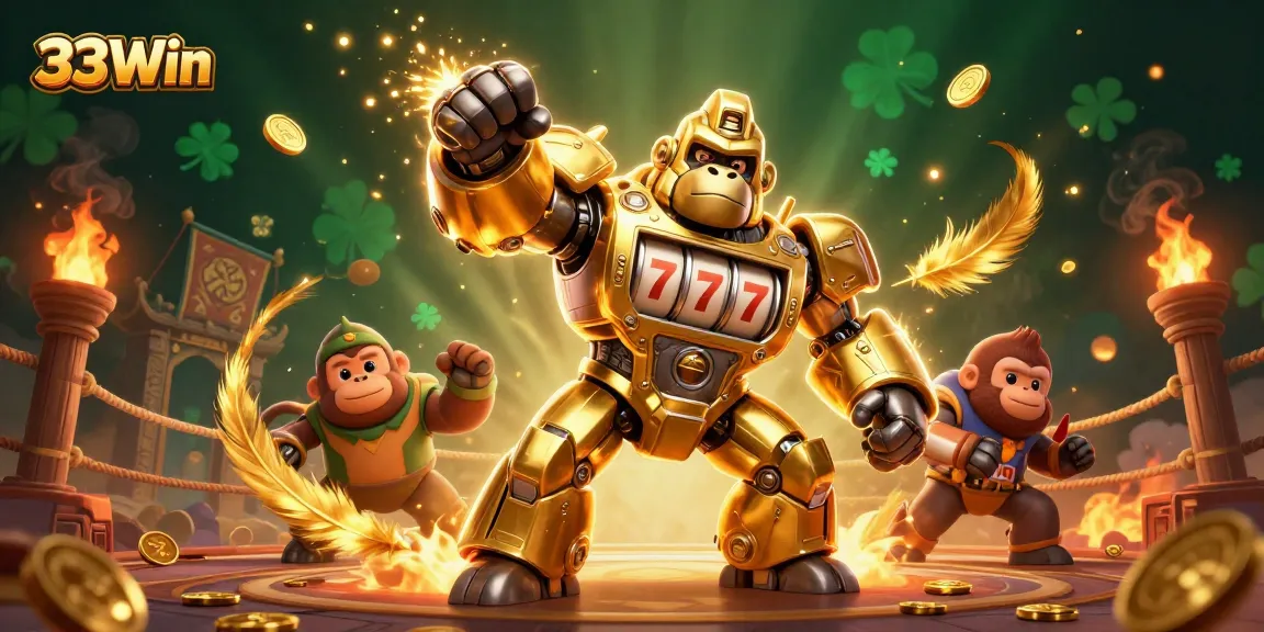 Engage with 33Win in a vibrant 3D casino scene featuring a golden gorilla mech and dynamic elements.