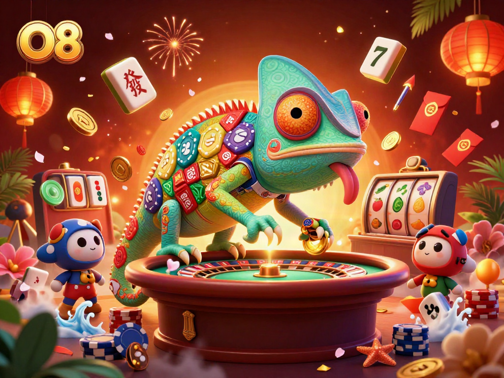 O8 casino scene showcasing a colorful chameleon owner amidst dynamic slot game elements, vibrant and rich.