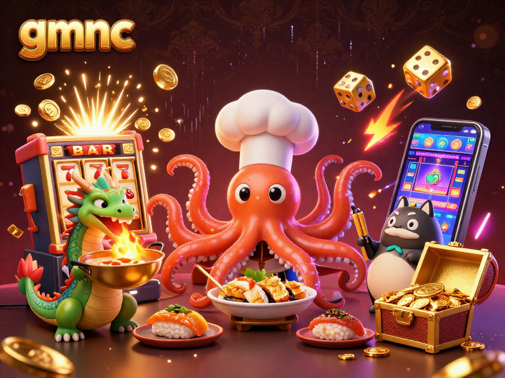 Experience the thrill of gmnc with an illustrated scene of a sushi chef octopus and lucky symbols.