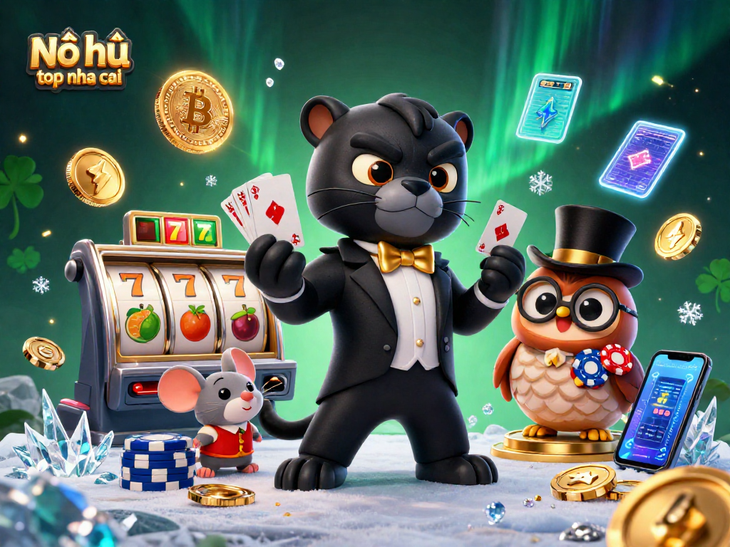 Engage with Nổ hũ top nha cai in this vibrant casino-themed 3D illustration featuring characters and slot elements.
