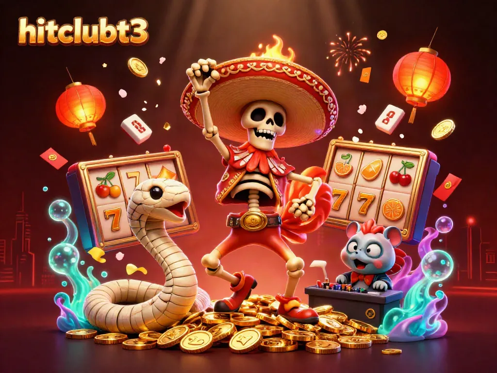 Experience the excitement at hitclubt3 with a vibrant casino atmosphere filled with golden coins and dynamic characters.